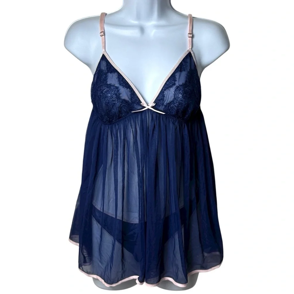 Victoria's Secret Navy and Pink Teddy Underwear Set Dainty Feminine Sexy L‎